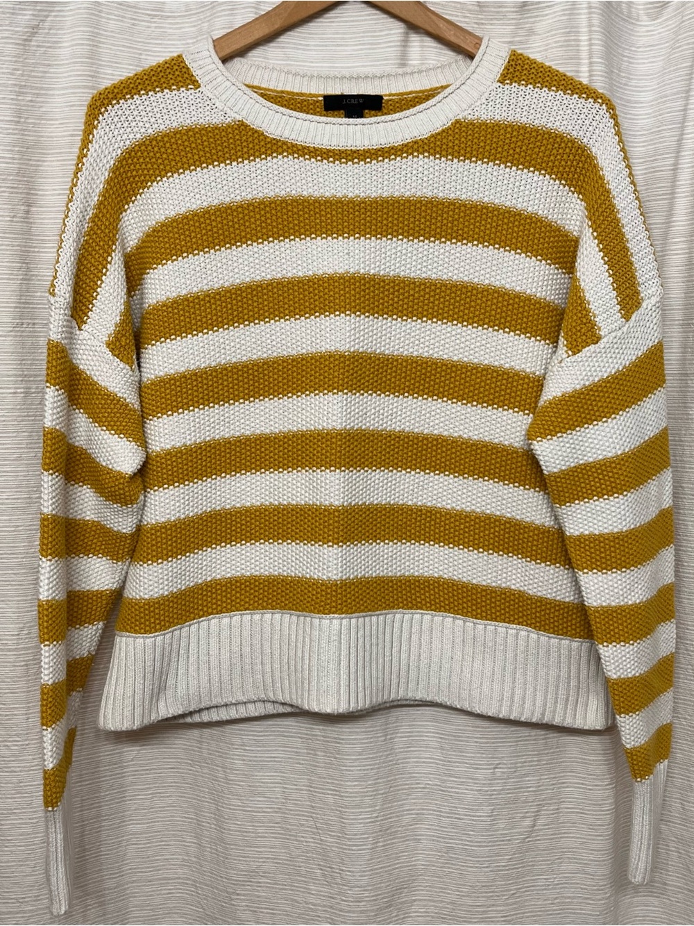 J. Crew Mustard and Cream Striped Crewneck Sweater